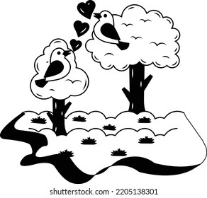 Parrot on Branch on Grassland Vector Icon Design, Nature Love Symbol, Artistic landforms Scenes Sign, Heart in nature Stock illustration, Beautiful Landscape View in Circular, Birds on tree Concept