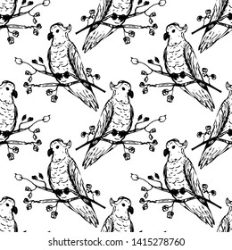 Parrot on branch. Seamless pattern. Vector illustration.