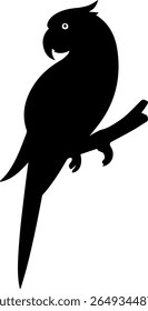 Parrot on Branch Silhouette Tropical Bird Vector in Black