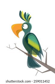 Parrot on branch. Vector cartoon illustration.