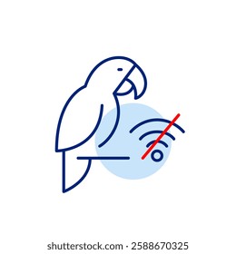 Parrot on perch and no wi-fi symbol. Pet tracking offline, location unavailable. Pixel perfect, editable stroke vector icon