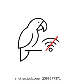 Parrot on perch and no wi-fi symbol. Pet tracking offline, location unavailable. Pixel perfect, editable stroke vector icon