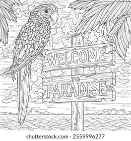 Parrot on a signpost by the sea and palm trees.Welcome to paradise .Coloring book antistress for children and adults. Illustration isolated on white background.Zen-tangle style. Hand draw