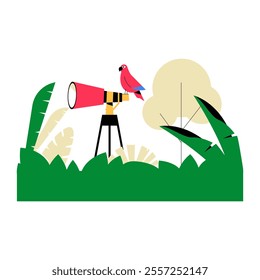 Parrot On Telescope In Flat Vector Illustration Symbolizing Exploration, Nature Observation, And Wildlife Adventures, Isolated On White Background