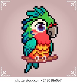 Parrot on a tree in 8 bit pixel art. Pixel animals for game assets in vector illustration.