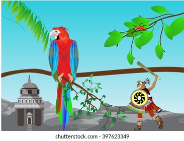. Parrot  on tree branch, aztec warrior running, temple, mountains, sky on background.