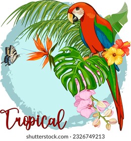 Parrot on a tree branch.Vector illustration with a bright parrot and tropical leaves on a transparent background with a frame and text.