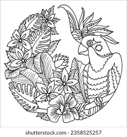 Parrot on a tree vector ilustration for coloring logo