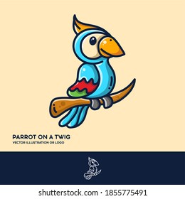 Parrot on a twig, simple line style vector illustration logo template
