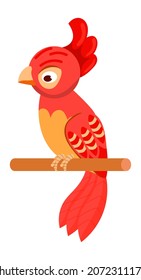 Parrot on wooden stick. Red bird in cartoon style