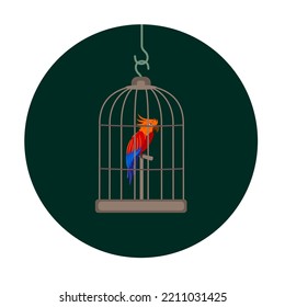 Parrot with orange, red, blue and purple plumage in a cage and dark green circle. vector illustration, cartoon, flat design.