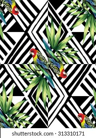  parrot and palm leaves mirror pattern, black and white geometric background