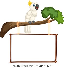 Parrot perched on branch above blank sign