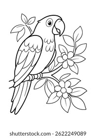 parrot perched on branch black and white coloring page