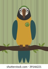 parrot perched on branch with save the trees badge