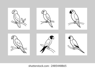 Parrot perched on tree branch vector line art illustration