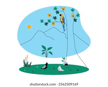 A parrot perched on a tree branch with green and yellow leaves, there are two gray and white doves walking on the green grass, background, high mountains and sun, ecosystem vector illustration.