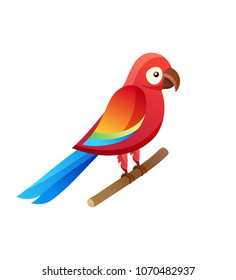 Parrot at pet shop sitting on wooden branch, parrot with colorful feathers having friendly look, vector illustration isolated on white background