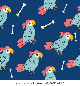 Parrot pirate character seamless pattern in flat design 