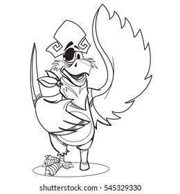 Parrot In A Pirate Hat And Eye Patch. Cartoon Illustration For Gaming Mobile Applications. Illustration For Coloring.