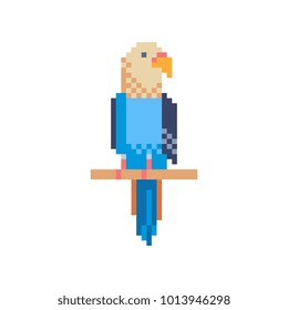 Parrot. Pixel art. Budgerigar character.  Sticker and embroidery design. Isolated vector illustration. 