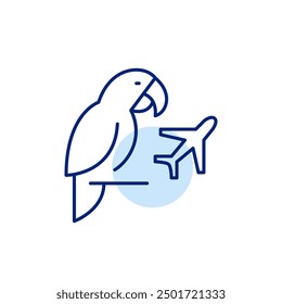 Parrot and plane symbol. Exotic pets import, pet travel airlines. Pixel perfect, editable stroke icon