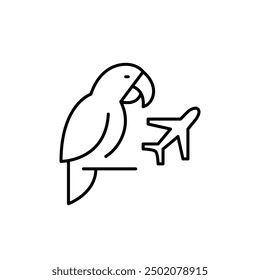 Parrot and plane symbol. Exotic pets import, pet travel airlines. Pixel perfect vector icon