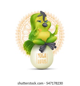 Parrot practicing yoga in the lotus position and hatching egg
