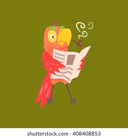 Parrot Reading Newspaper Funny Flat Vector Illustration In Creative Applique Style 