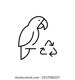 Parrot and recycling arrows. Sustainable living, eco-friendly products for pets. Pixel perfect vector icon