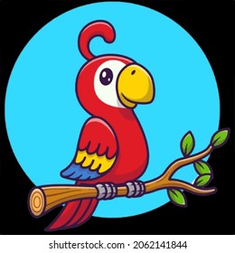 Parrot red illustration siting on a stem of tree