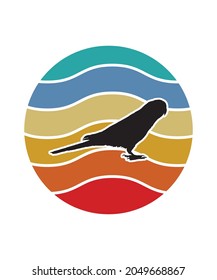 Plantilla de diseño de loro retro de atardecer. Plantilla de diseño de vectores para logotipo, insignias, camisetas, POD y portada de libros. Fondo blanco aislado.