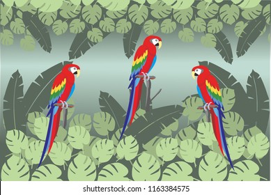 Parrot in the right composition, combined with tropical leaves with warm colors into a good design for various purposes
