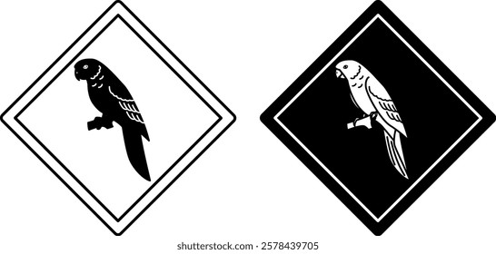 Parrot Road Signs. Black and White Vector Icons. Tropical Bird. Road Sign Warning Animals Crossing Road. Zoo Sticker