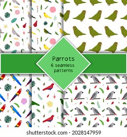 Parrot seamless pattern collection in cartoon style. Parrots owl, macaw, grey african, tropical leaves and flowers set of six backgrounds. Cute baby print for fabric and textile.