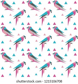 Parrot seamless pattern with geometric japanese origami bird and colored triangle shapes for backgrounds, wrapping paper and print on textile or fabric.
