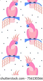 Parrot seamless pattern on polka dots background. Cockatoo vector background design for fabric and decor.