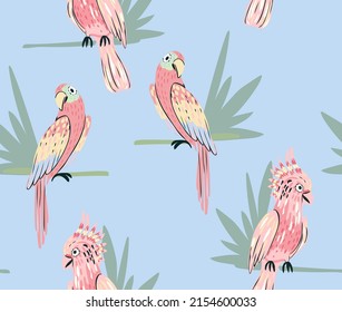 Parrot seamless pattern with and palm leaf. Cute background for girls, baby or kids.