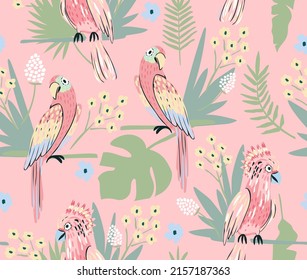 Parrot seamless pattern with and palm leaf. Cute background for girls, baby or kids