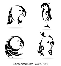 Parrot set, on white background, illustration, tribal