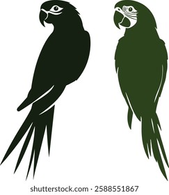 Parrot Silhouette Vector Illustration, Black and Green on White Background