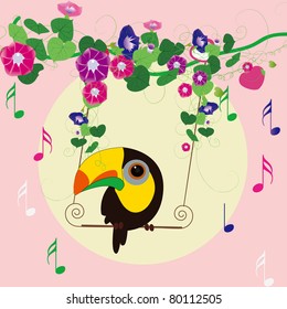 parrot Singing under the  morning glory