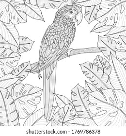 
A parrot sits on a branch around tropical leaves.Coloring book antistress for children and adults. Zen-tangle style.Black and white drawing