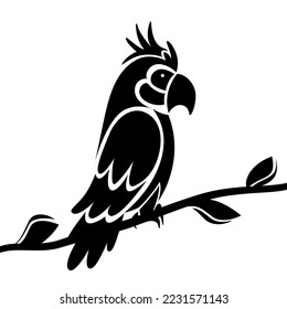 Parrot sits on a branch with leaves, black silhouette on white background. 