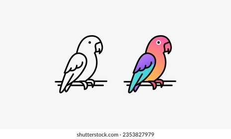 parrot sits on a branch. Linear and color logo, icon. Concept of tropical bird, pet. Vector illustration