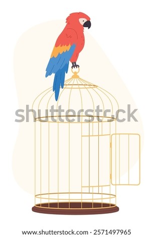 A parrot sits on an open cage. Maintenance and transportation of pets. Metal wire cages. Vector illustration
