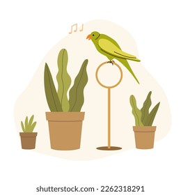 Parrot sits on perch ring among the houseplants. Pet exotic bird sings a song. Vector illustration.