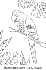 The parrot sits on a tree branch in the jungle. Coloring page for coloring book. Cartoon vector illustration.