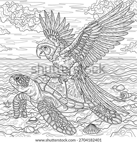 A parrot sits on a turtle on the seashore.Coloring book antistress for children and adults. Illustration isolated on white background. Hand draw