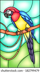 Parrot sitting on the branch in the tropical forest, vector illustration in stained glass window